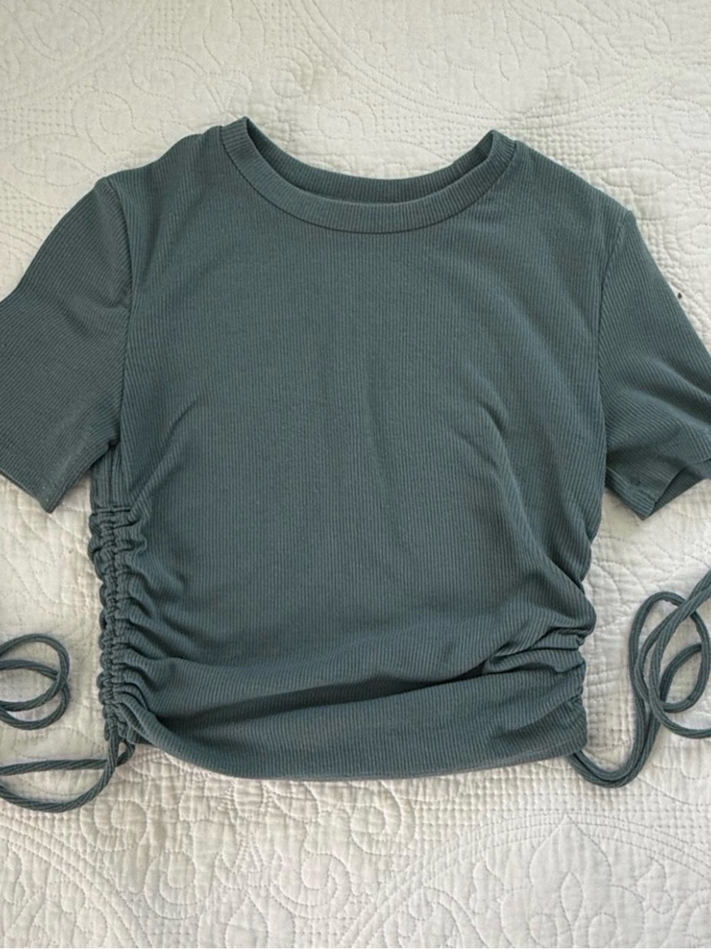 Zara Ribbed Short-Sleeve Crop Top in Slate Green